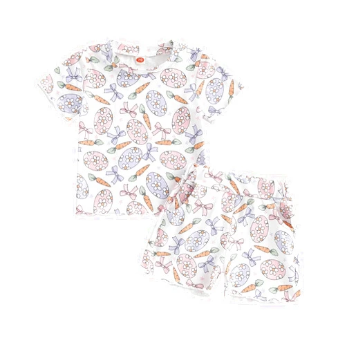 Socutebabe Toddler Baby Girl Easter Outfit Egg Bunny Print Short Sleeve Tops T-shirt Cute Shorts Set Baby Girl Summer Clothes