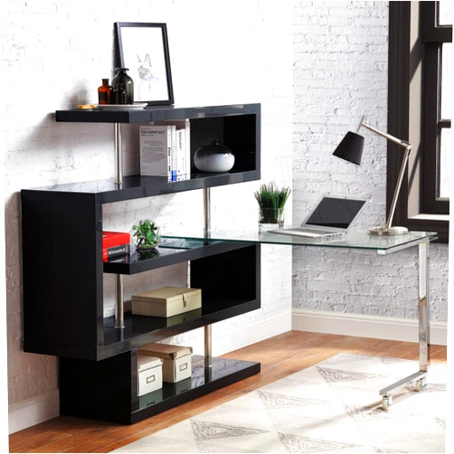 Fulocseny L Shaped Computer Desk, Modern 360° Rotating Corner Home Office Desk with Storage Shelves Bookshelf and Glass Tabletop, Swivel Large Writing Study Gaming Table Workstation (Black)