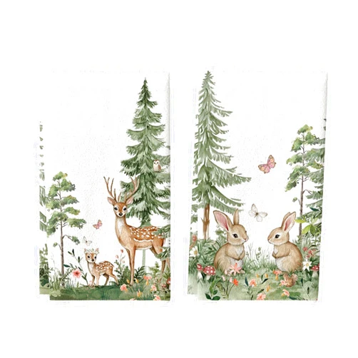 Artoid Mode Elk Bunny Tree Flowers Spring Kitchen Towels Dish Towels, 18x26 Inch Farmhouse Butterfly Decoration Hand Towels Set of 2