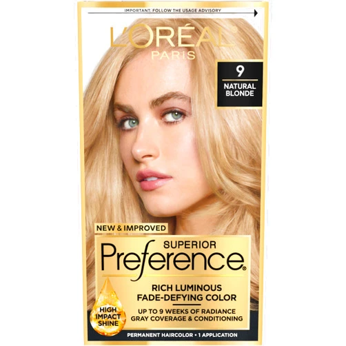 L’Oréal Paris L'Oreal Paris Superior Preference Fade-Defying + Shine Permanent Hair Color, 9 Natural Blonde, Pack of 1, Hair Dye