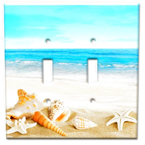 Art Plates - 2 Gang Toggle OVERSIZED Metal Switch Plate - OVER SIZE Two Gang Light Switch Decorative Metal Wall Plate - Seashells on the Beach - (Made in USA)
