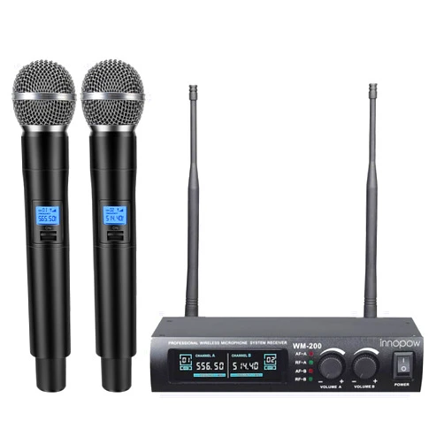 Innopow Wireless Microphone System, Dual UHF Metal Cordless Mic Set, Long Distance 150-200Ft,16 Hours Continuous, Fixed Frequency, Use for Karaoke Singing, Family Party,Church (CH.01&02)