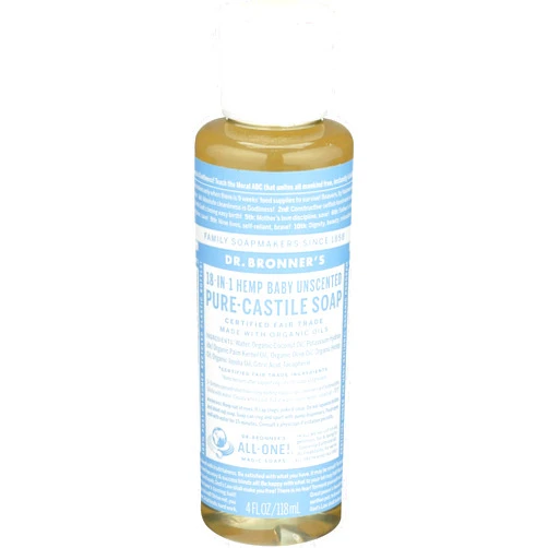 Dr. Bronner's Magic Soaps Pure Castile Soap, 18-In-1 Hemp, Unscented Baby Mild, 4 Fluid Ounces (118 ml)