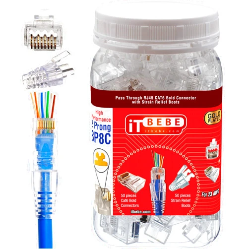 Itbebe.com ITBEBE 50 Pcs - RJ45 Cat6 Cat6a Pass Through Connectors for 23 AWG Cables - 50 Cat6 Passthrough Connector Ends and 50 RJ45 Connectors Clear Strain Relief Boots for Clean, snag-Free Ethernet Patch Cord