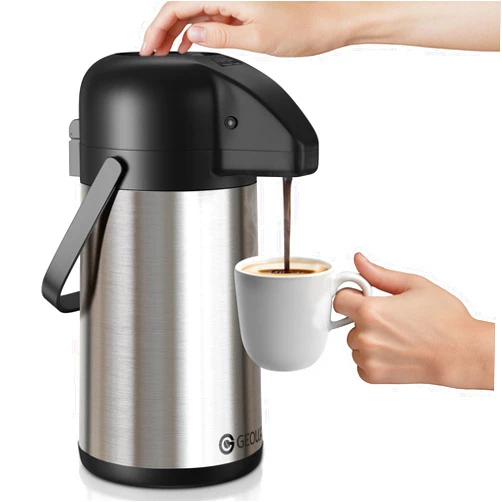 Geouja Airpot Coffee Carafe for Keeping Hot - 64 OZ / 1.9L Large Coffee Dispenser with Pump - Insulated Stainless Steel Thermos Urn for Hot Drinks Water Tea Chocolate - Thermal Beverage Dispenser for Parties