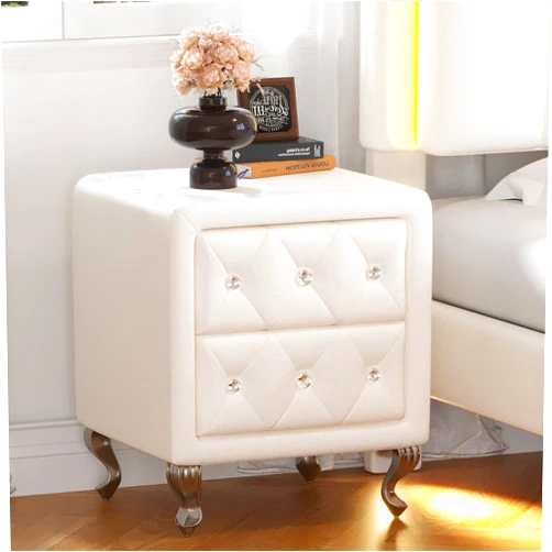 AVGVLIJ Elegant PU Nightstand with 2 Drawers and Crystal Handles, Fully Assembled (Legs & Handles Separate), Storage Bedside Table with Metal Legs (White)