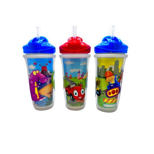 Playtex Baby Sipsters Stage 3 Straw Cups, Spill-Proof, Leak-Proof, Insulated - Car, Construction, and Donosaur, 9 Oz, 3 Count