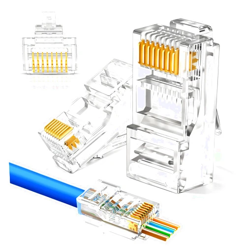 MONK CABLES | Heavy-Duty RJ45 Connectors | CAT6 | Pass-Through | 100 Pack | 30µ Thick Gold-Plating | Precise 3-Point Type Contacts