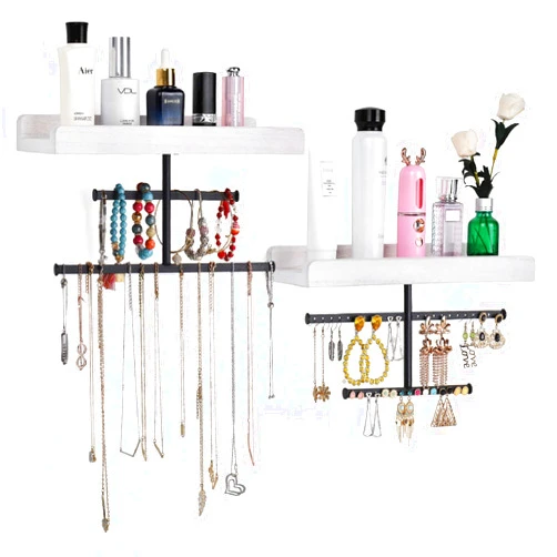 Keebofly Hanging Wall Mounted Jewelry Organizer with Rustic Wood Jewelry Holder Display for Necklaces Bracelet Earrings Ring Set of 2 White,[Patented]