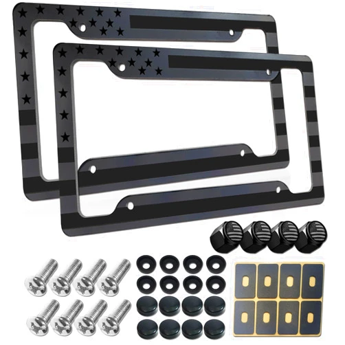 BGGTMO American Flag License Plate Frames- 2 Pack Black Grey Patriotic USA Aluminum Car Tag Holder Cover for Front Rear, with Screws Caps