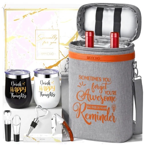 MAYICIVO Wine Lovers Gifts for Women Wine Gift Baskets, Birthday Christmas Gifts for Women Mom Her Sister Friend Dad Coworker Girlfriend Housewarming Gift Set, Wines Cooler Bag Tote Carrier w/Wines Tumblers