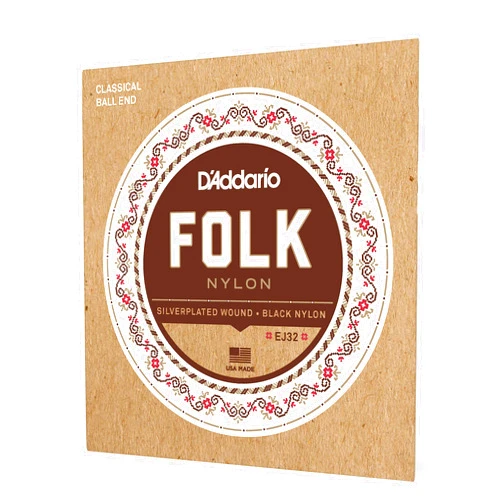 D'Addario Guitar Strings - Folk Nylon Guitar Strings - EJ32 Classical Guitar Strings - Nylon Core, Ball End - Silver Plated Wrap, Black Nylon Trebles