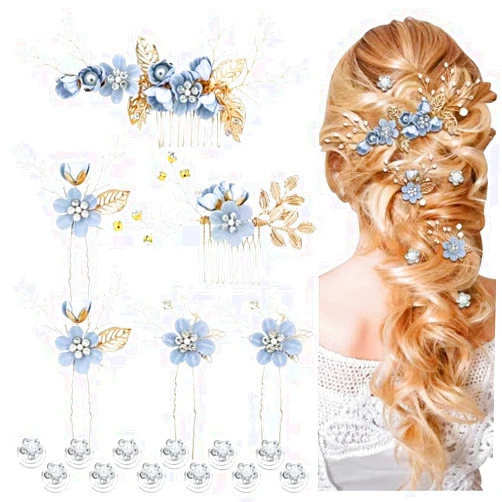 Cinaci 18 Pieces Bridal Wedding Party Prom Pearl Rhinestone Light Blue Flower Hair Side Combs Slides+U-shaped Flower Hair Pins+Twist Spiral Hairpins Floral Headpieces for Brides Bridesmaids Women Girl