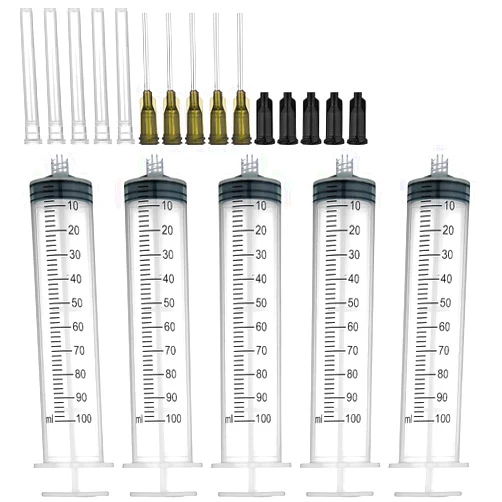 AGEMORE 5 Pack 100ml Syringes with 14G 1.0'' Blunt Tip Needles and Storage Caps(Luer Lock), Plastic Reusable Syringe for Glue Applicator, Oil Dispensing Multiple Uses
