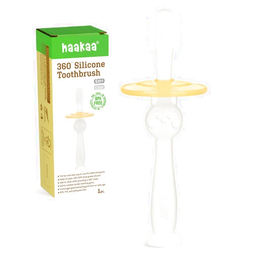 haakaa 360° Baby Toothbrush with Suction Base - Gentle Cleaning for Infant Self-Brushing Training, Food-Grade Silicone, Adjustable Safety Shield - Translucent (1 Piece)