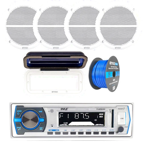 Enrock Marine Pyle Single DIN Marine Boat USB/SD Bluetooth Stereo Receiver Bundle Combo with Waterproof Cover, 4 x Enrock 6.5