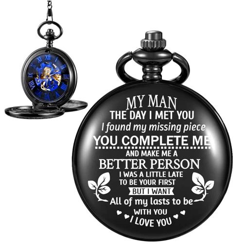 Whodoit Engraved to My Fiance/to My Boyfriend/to My Husband/My Men Mechanical Pocket Watch for Fiance Customized Personalized Mechanical Pocket Watches with Leather Box for Men