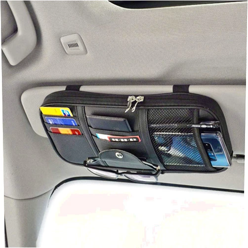 Da by Car Sun Visor Organizer, Multi-Pocket Visor Organizer Storage Pouch for Cars, SUVs & Trucks with Double Zippers, Elastic Bands & Glasses Clip - Organizes Essentials Keep Tidy (Black)