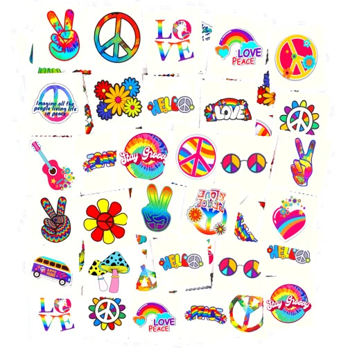ADXCO 144 Pieces Hippie Tattoos Stickers Hippie Assorted Groovy Hippie Temporary Tattoos Waterproof Love and Peace Sign Hippie Tattoos Hippie Theme Party Tattoos for Hippie Party Favors