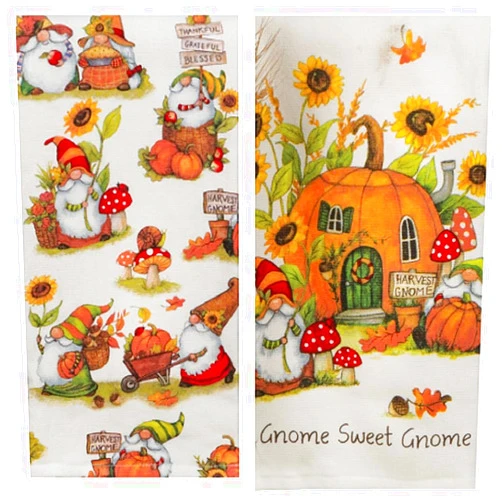 Donna's Home Emporium Gnome Sweet Gnome Fall Thanksgiving Pumpkin Harvest Kitchen Dish Towels Set of 2