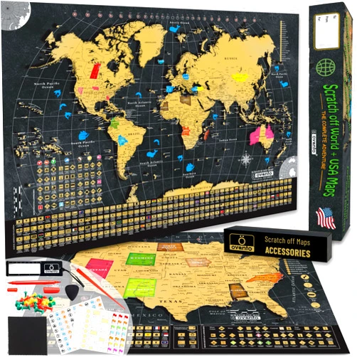 OVANTO Scratch Off World Map & US Map-Durable 17x24” United States Map & World Travel Map with Pins & Accessory Set–Easy to Scratch Off Maps with Colored Details in Name-Tagged Gift Box for Travelers