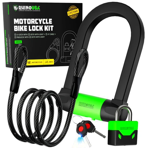 Rhino USA Bike Lock Set - Heavy Duty Anti Theft U Lock, 4FT Steel Security Cable, Padlock, 4 Lighted Keys. Dual Purpose Locks for EBike, Motorcycle, Electric Scooter, Bicycle