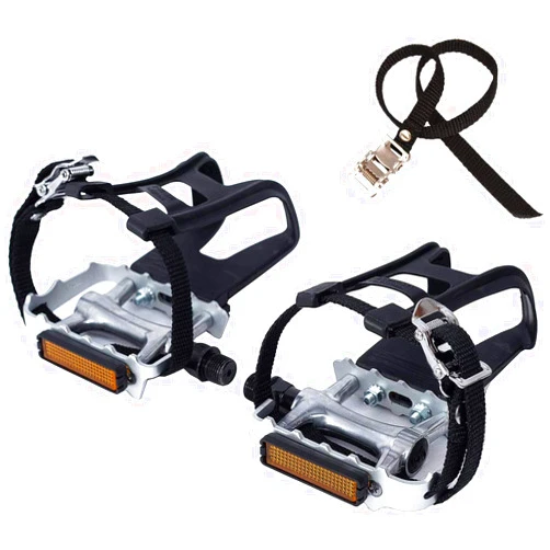 Newsty Bike Pedals with Clips and Straps for Outdoor Cycling and Indoor Stationary Bike 9/16-Inch Spindle Resin/Alloy Bicycle Pedals