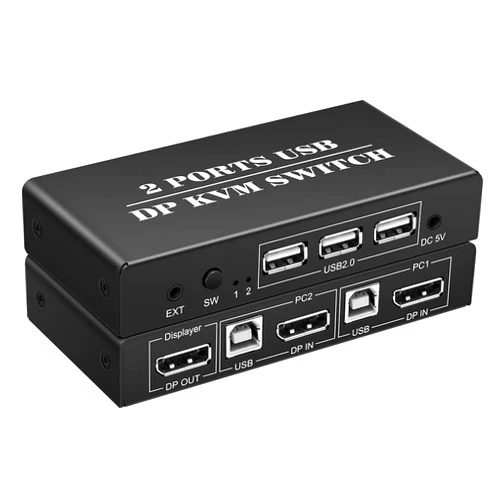 HDSUNWSTD 2 Port DisplayPort 2x1 DP KVM Switcher Switch DP 1.2 4K@60Hz Supports USB 2.0 Devices Control up to 2 DP Port Device with DP Cable