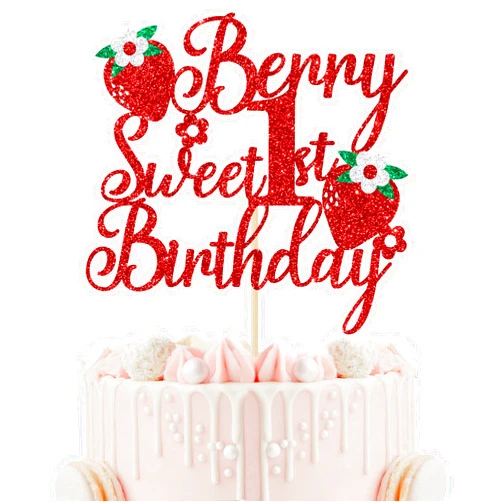 Calarjeta Berry Sweet 1st Birthday Cake Topper, Berry First Birthday Decorations, Sweet One Cake Topper, Strawberry Theme Birthday Party Decorations, Red Glitter