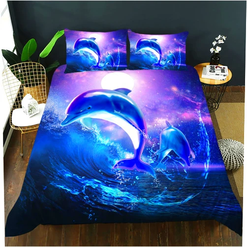 AILONEN Dolphin Duvet Cover Set Queen Size, Starry Sky Sea Water Bedding Set for Kids Girls,Jumping Dolphin with Moon Comforter Cover,3 Pieces,1 Quilt Cover and 2 Pillowcases,Soft Microfiber