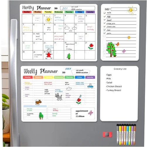 Hivillexun Magnetic Dry Erase Calendar Whiteboard Set (4-Pack) for Home and Kitchen, with Monthly and Weekly Views (16.5” x 11.8”), Magnetic Whiteboard and Daily Planners (12” x 8”) 8 Markers & Eraser