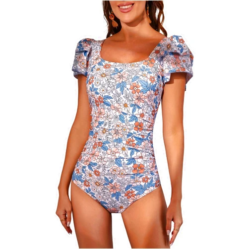 Eomenie Women's Tummy Control One Piece Swimsuit Ruffle Square Neck Bathing Suit Ruched Cutout Back Slimming Swimwear