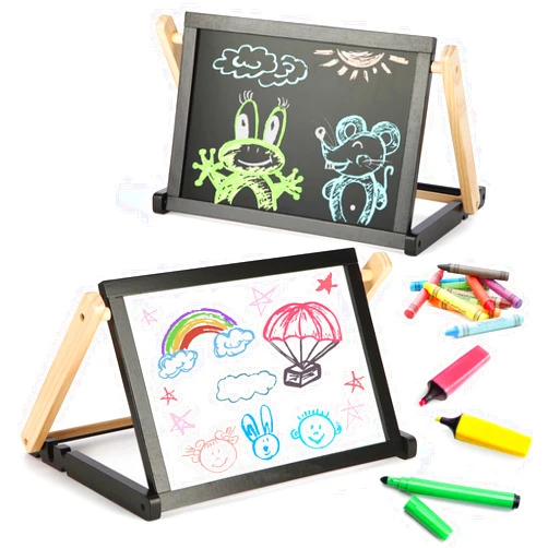IDEA FAMILY Tabletop Easel for Kids Double Sided Kids Easel with Magnetic Chalkboard & White Board Adjustable Height Art Painting Wooden Easel for Toddlers Portable Travel Easel(Black & Natural)