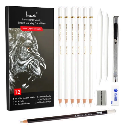 Brusarth White Charcoal Pencils Set - 12 Piece Sketch Highlight White Pencils Set for Drawing, Sketching, Shading, Blending, Artist Pencils for Artists, Professionals or Beginners