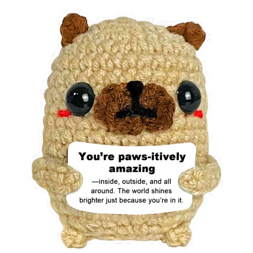 Krinisou Pug Gifts for Pug Lovers, Positive Crochet Animals Dog Puppy, Mini Cute Pug Decor, Emotional Brithday Encouragement Inspirational Gifts for Women with Support Massage