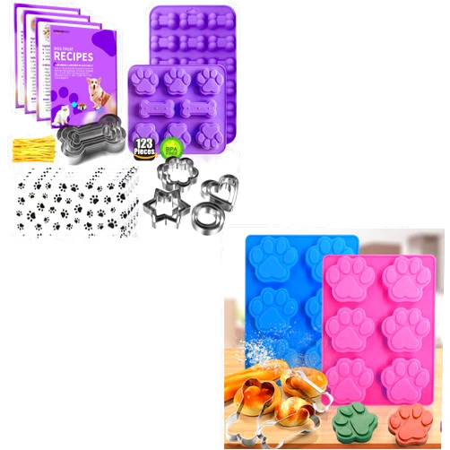 RUGVOMWM 123+5 Pcs Homemade Dog Treats Set Silicone Molds Cookie Cutters,Including 4 Dog Treat Mold,3+5+12 Cookie Cutters and, 4 Dog Treat Recipes Card, 50 Dog Treat Bags & 50 gold twist ties.