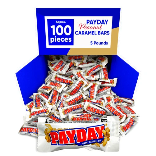 CHAIN & JO SWEETS PayDay Peanut Caramel Candy Bar - Payday Snack Size Candy Bar - 5 Pounds Approx 100 Peanut Caramel Bars - Chewy Candy Bar Gifts - Bulk Candy Caramel Candy Individually Wrapped - Carmels Candy Soft Peanut Candy PayDay Candy Bars Bulk Caramel Peanut Bars Candy