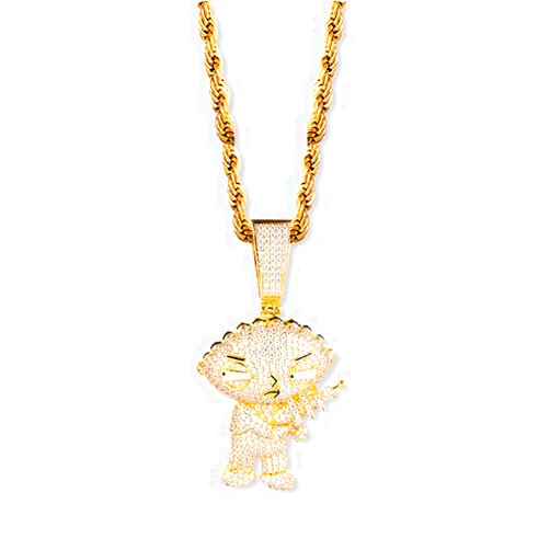 Gold Nation Jewelry Unisex Stewie Griffin Pendant from the Family Guy series - Iced Out Cubic Zirconia AAA+ Quality Necklace 14K Yellow Gold Plated Over Premium Brass for Men & Women, Big