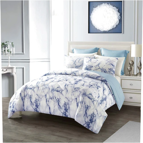 Spring Meow 2024 Upgraded Luxurious Comforter Set - Black Marble Pattern, Adds a Touch of Luxury to Your Bed, All-Season Reversible Microfiber Bedding (Blue, King)