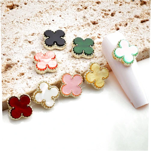 Generic 10pcs Green Clover Nail Charms Colored Alloy Edge Rhinestone Nail Accessories St. Patrick Day Lucky Clover Designs Nail Art Charms Rhinestone Gems Artificial Metal Nail Jewelry for Manicure