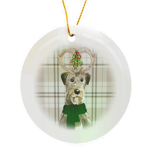 3dRose Circle Porcelain Ornament - an Irish Wolfhound in Antlers with Mistletoe and Plaid Christmas Dogr Fleas Navidog Collection
