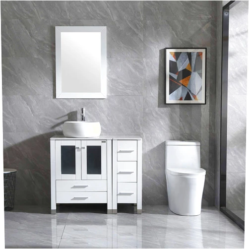 wonline 36” White Bathroom Vanity and Sink Combo Wood Cabinet Top Round Ceramic Vessel Sink Faucet Drain Combo with Mirror Vanities Set