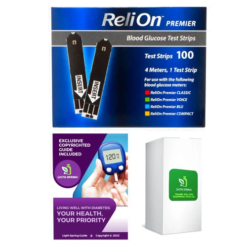 LightSpring ReliOn Premier Blood Glucose Test Strips - Blood Glucose Test Strips - Test Strips for Diabetes - Blood Sugar Test Strips Diabetic Test Strips - Reli On Premier Test Strips 100 Count+Better L&S Guide