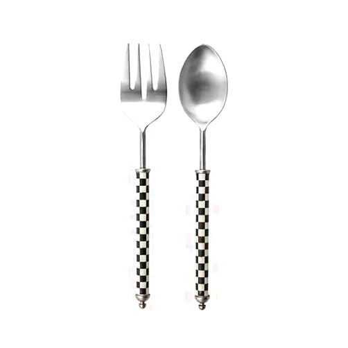 MACKENZIE-CHILDS Supper Club Salad Serving Set, Fork and Spoon Salad Servers, Decorative Kitchen Serving Utensils, Black-and-White Courtly Check
