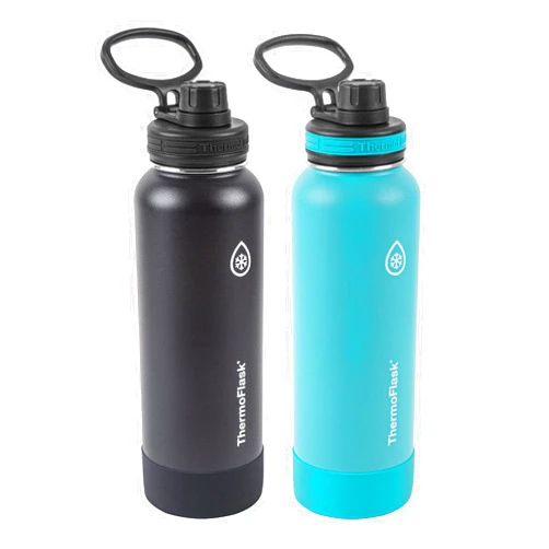 ThermoFlask Bottle with Spout Lid - Stainless Steel Water Bottles with Double-Wall Insulation & BPA-Free Spout Lids - Leak-Proof Reusable Bottles & Lids - 40 oz, Onyx Black/Splash (2 Pack)