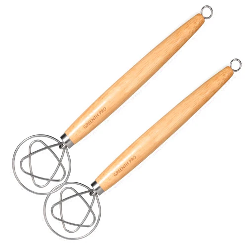GREENTH PRO Danish Dough Whisk，2 Pack Premium Stainless Steel Dutch Whisk with Wooden handle, Mixer Sourdough Baking Tools for Bread Cake Pastry Pizza Biscuits