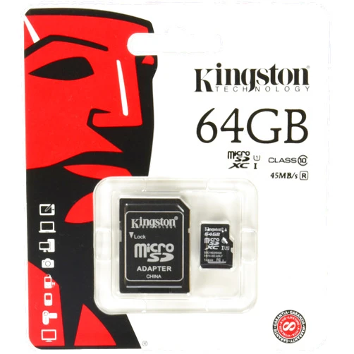 Kingston Digital 64 GB microSD Class 10 UHS-1 Memory Card 30MB/s with Adapter (SDCX10/64GB)