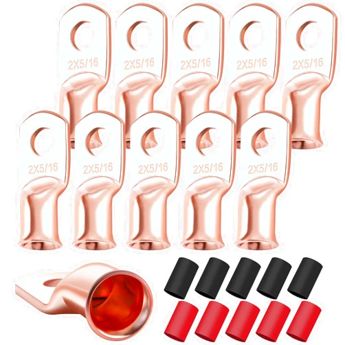 XHF 10PCS 2 AWG-5/16 Heavy Duty Battery Lugs with 3:1 Heat Shrink Tubing, Ring Terminals Battery Cable Ends Copper Eyelets Electrical Battery Connectors