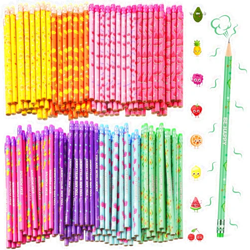 Leinuosen 200 Pcs Scented Pencils Bulk for Kids Inspirational Cute Fun Wood Smelly Pencils with Erasers Fruit Elements for School Classroom Office Students
