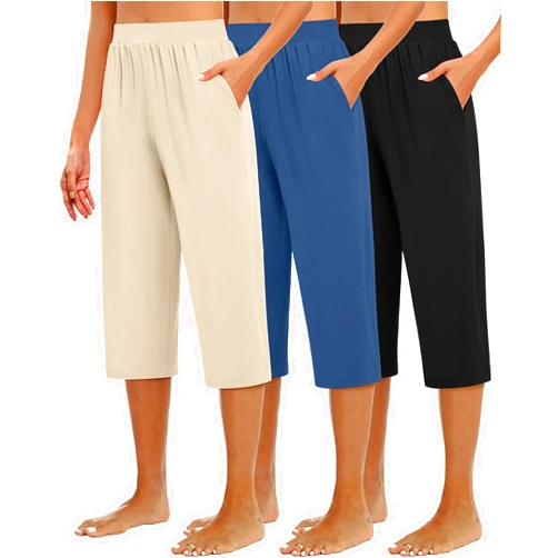 Huukeay 3 Pack Women's Capri Sweatpants Cozy Wide Legs Cropped Capri with Pockets Lounge Jogger Pants Workout Yoga Solid